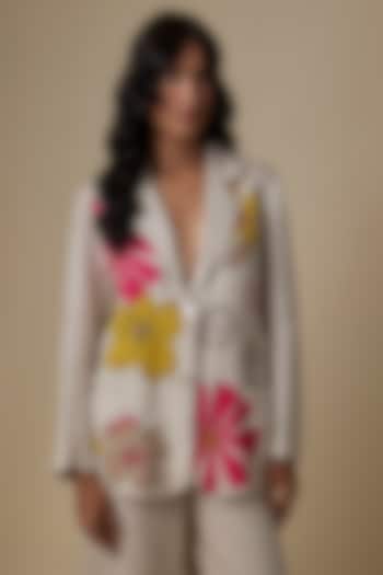 Beige Linen Applique Embroidered Blazer by Linen Bloom at Pernia's Pop Up Shop