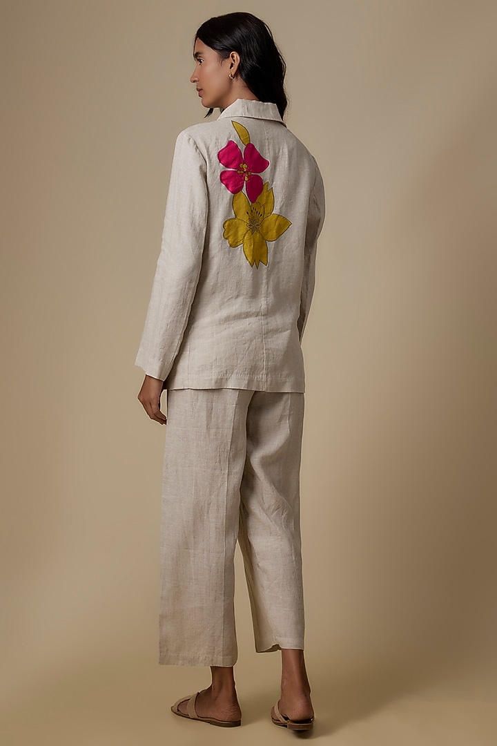 Beige Linen Applique Embroidered Blazer by Linen Bloom at Pernia's Pop Up Shop