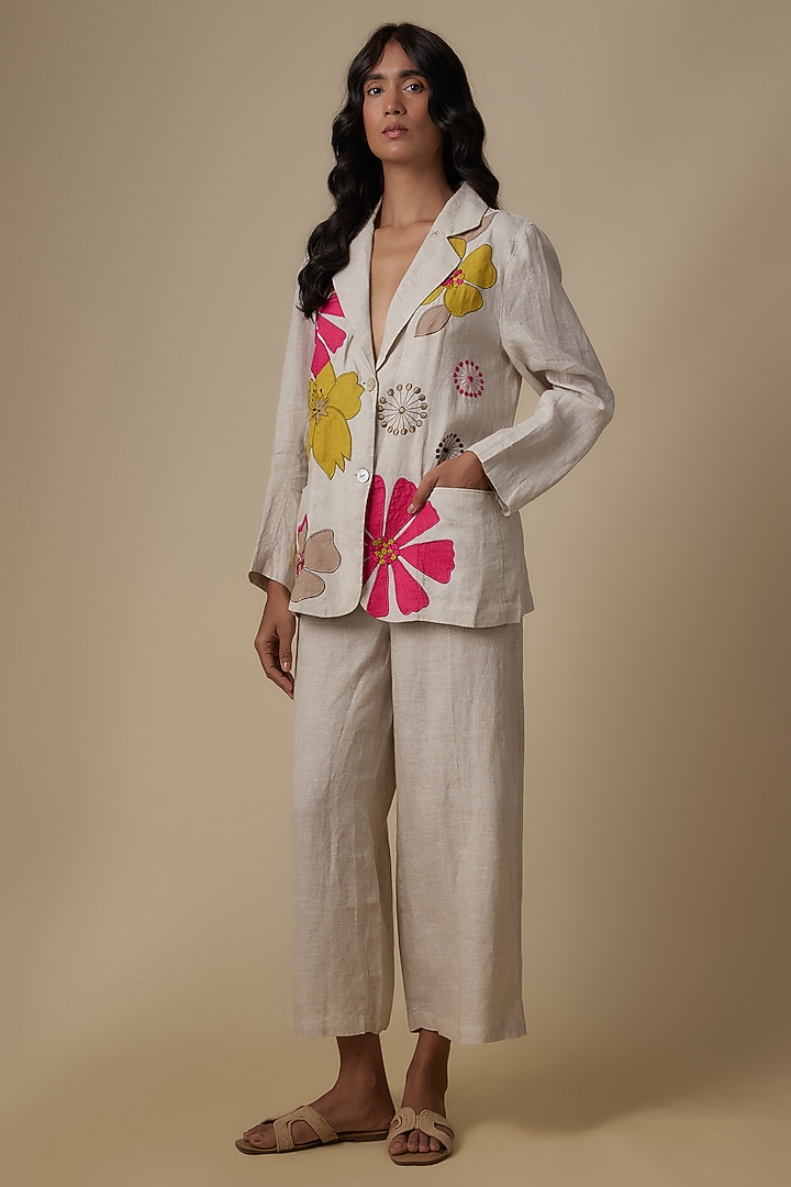 Beige Linen Applique Embroidered Blazer by Linen Bloom at Pernia's Pop Up Shop