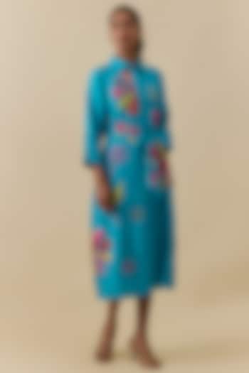 Turquoise Linen Floral Patch Embroidered Midi Vacation Dress by Linen Bloom at Pernia's Pop Up Shop