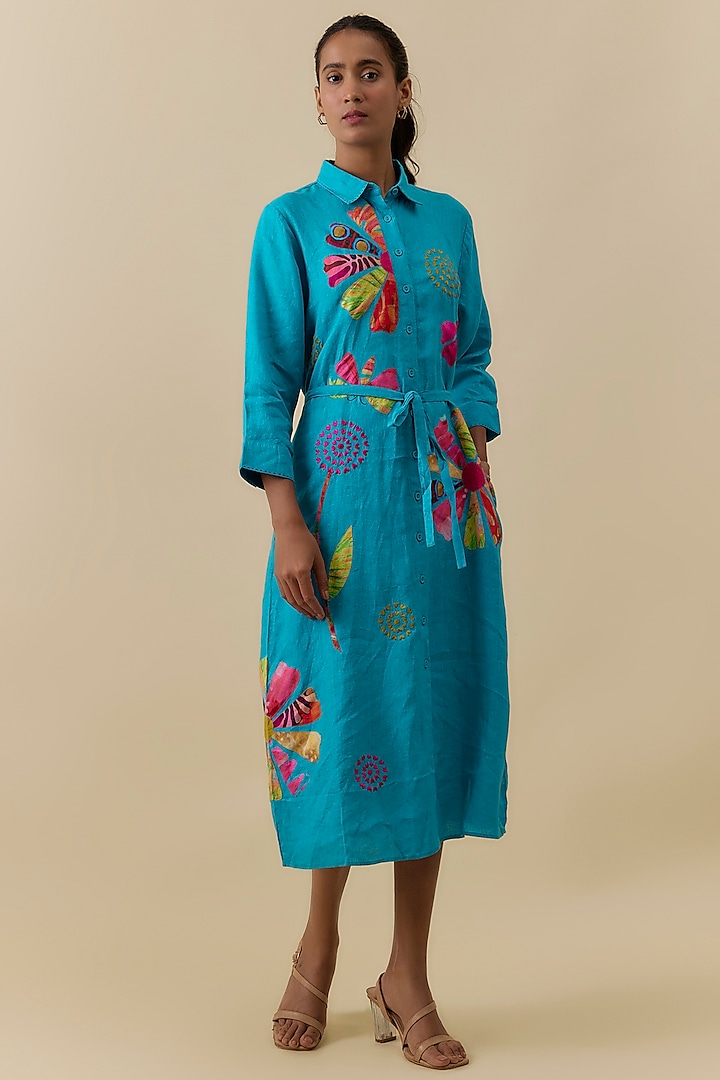 Turquoise Linen Floral Patch Embroidered Midi Vacation Dress by Linen Bloom at Pernia's Pop Up Shop