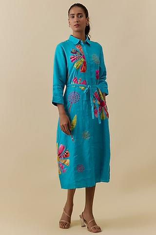 Turquoise Linen Floral Patch Embroidered Midi Dress by Linen Bloom
