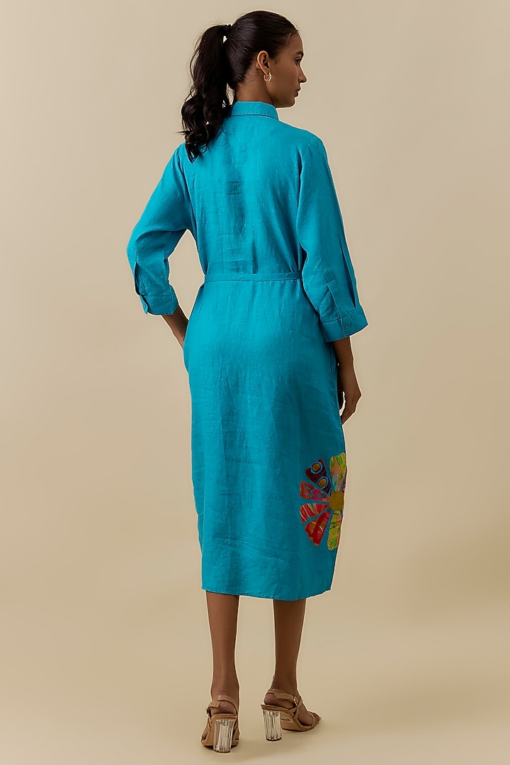 Turquoise Linen Floral Patch Embroidered Midi Vacation Dress by Linen Bloom at Pernia's Pop Up Shop