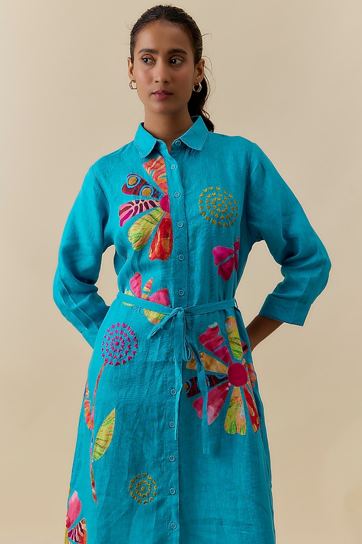 Turquoise Linen Floral Patch Embroidered Midi Vacation Dress by Linen Bloom at Pernia's Pop Up Shop