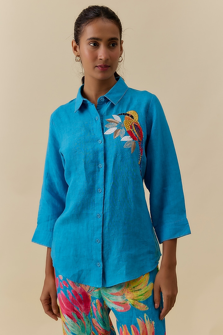 Turquoise Linen Shirt by Linen Bloom at Pernia's Pop Up Shop