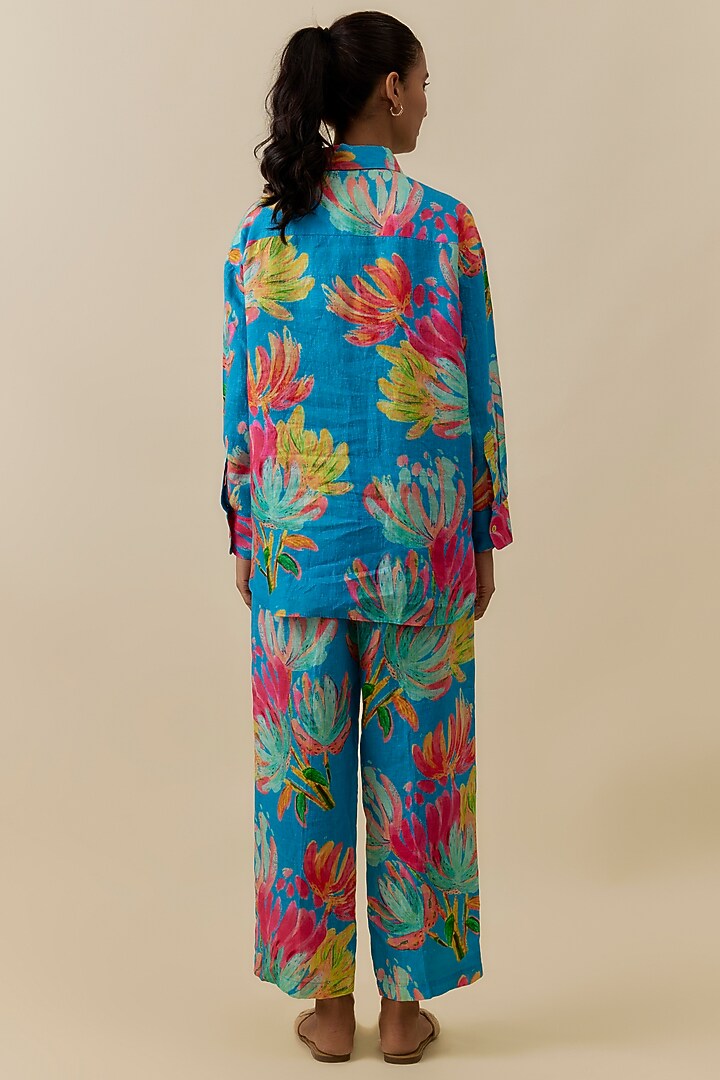 Turquoise Linen Floral Digital Printed Shirt by Linen Bloom at Pernia's Pop Up Shop
