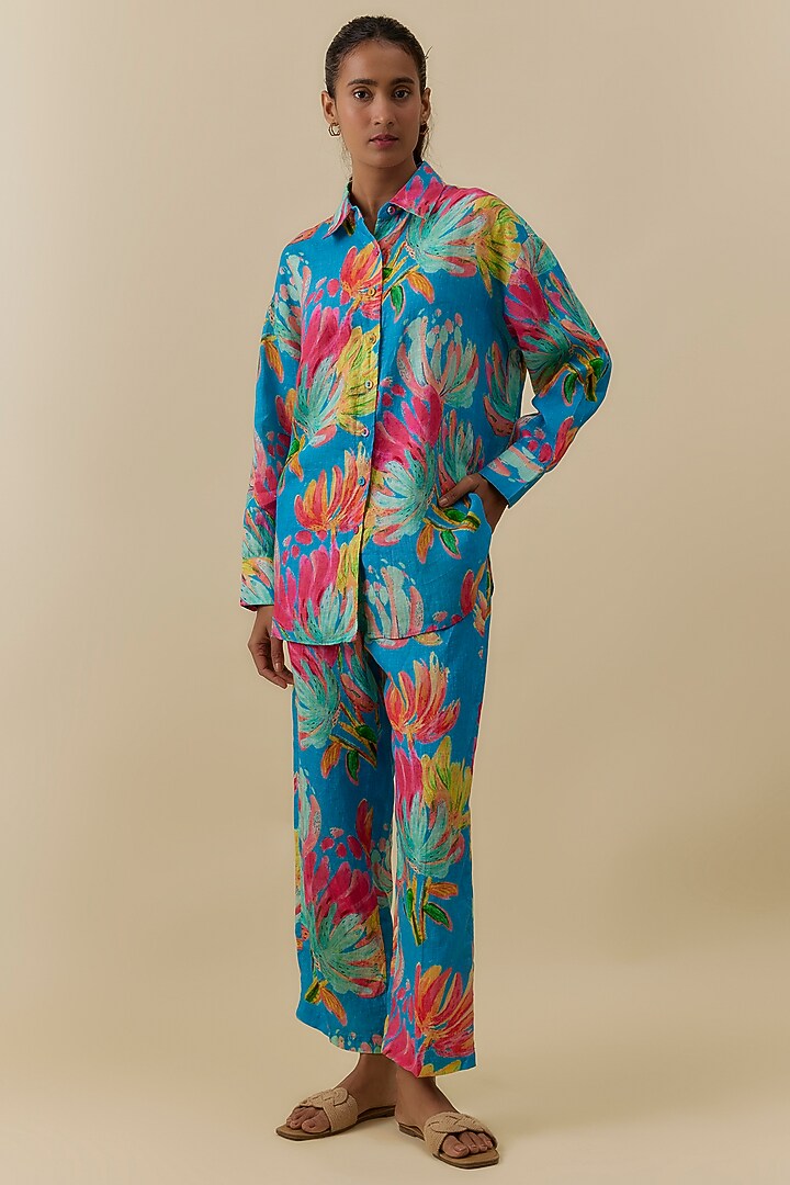 Turquoise Linen Floral Digital Printed Shirt by Linen Bloom at Pernia's Pop Up Shop