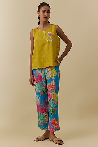 Multi-Colored Linen Floral Digital Printed Pants by Linen Bloom
