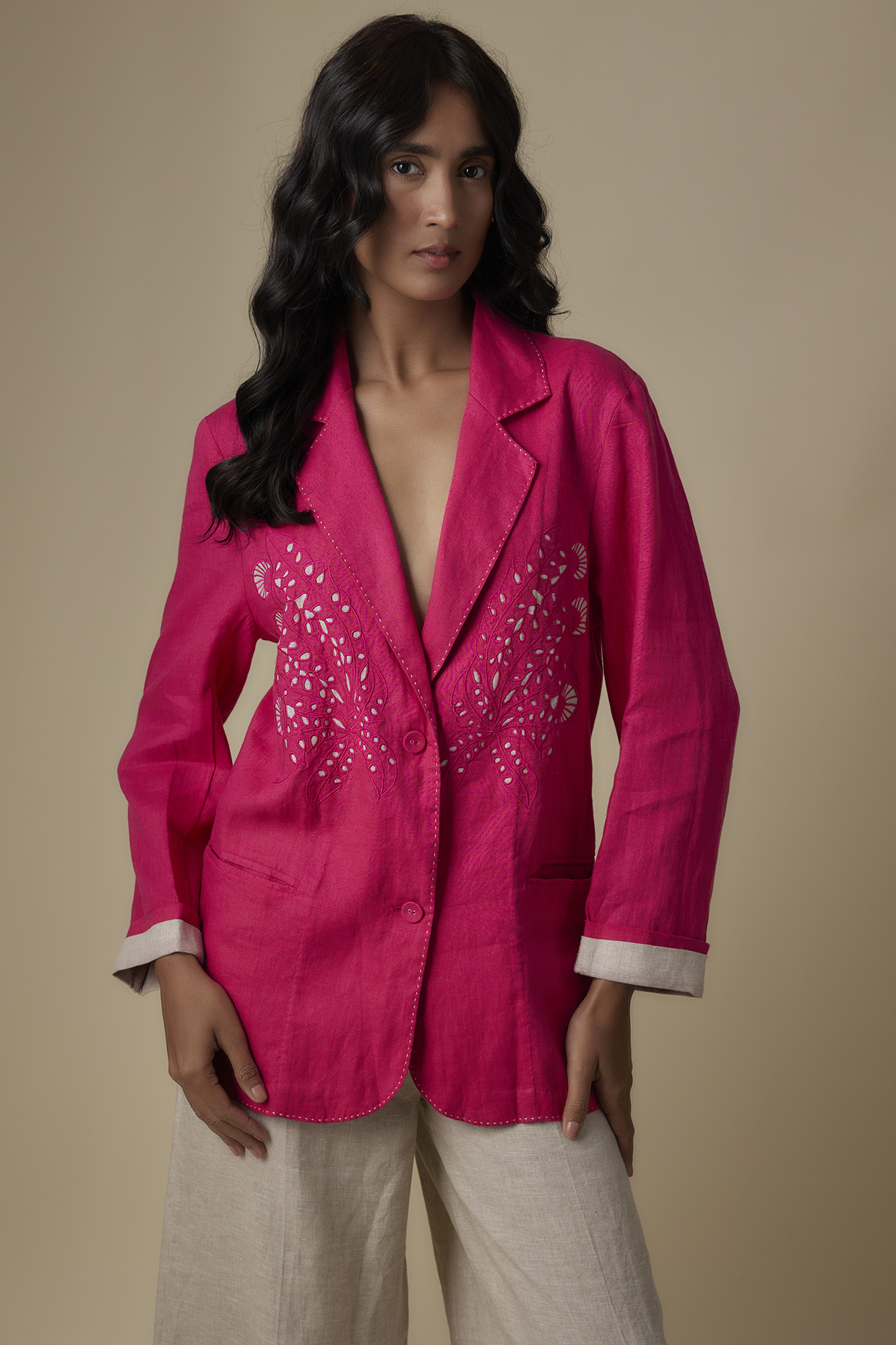 Fuschia Linen Cutwork Blazer by Linen Bloom at Pernia's Pop Up Shop