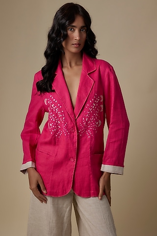 Fuschia Linen Cutwork Blazer by Linen Bloom