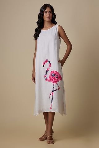 White Linen Applique Embroidered & Printed Dress by Linen Bloom
