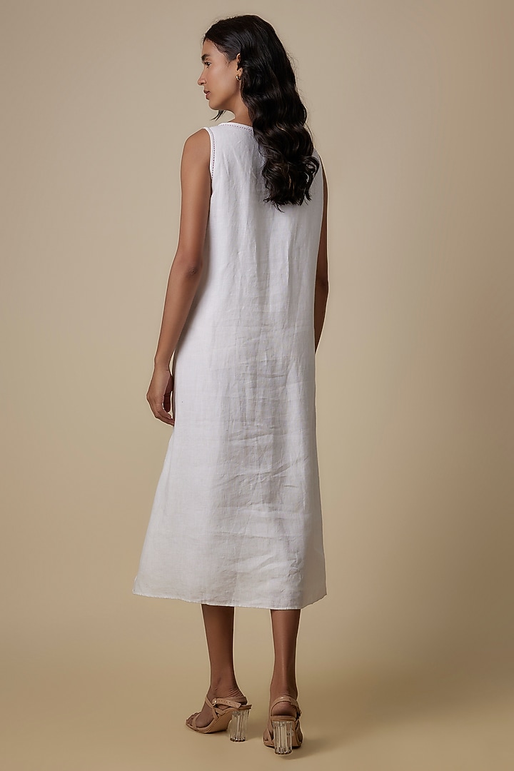 White Linen Applique Embroidered & Printed Vacation Dress by Linen Bloom at Pernia's Pop Up Shop