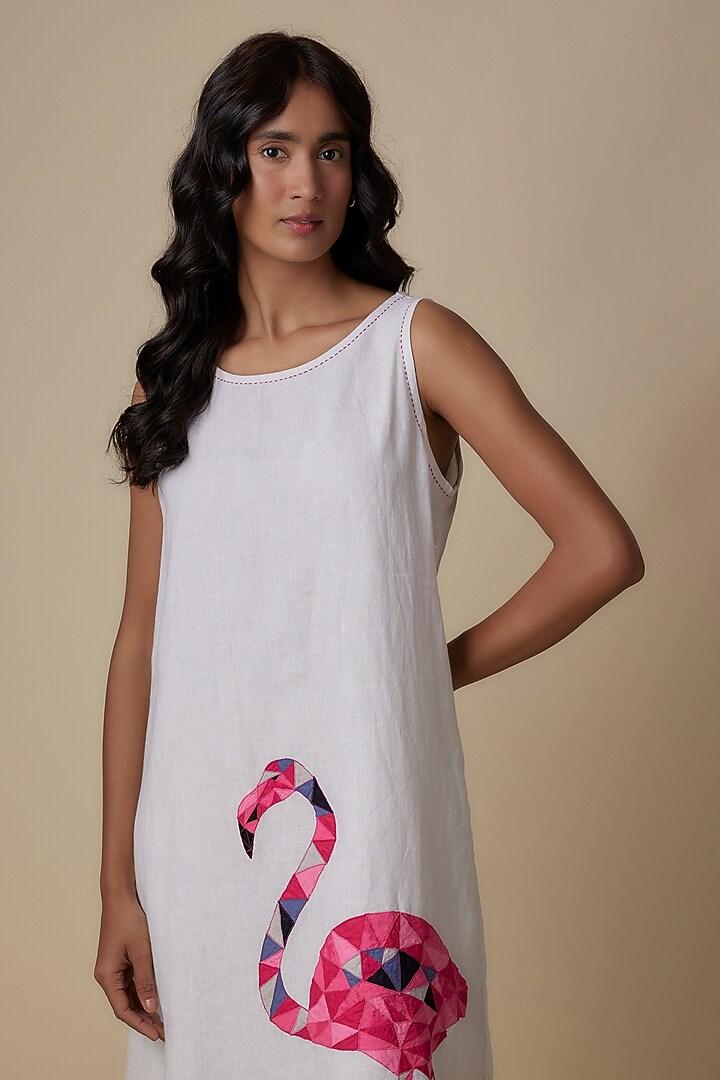 White Linen Applique Embroidered & Printed Vacation Dress by Linen Bloom at Pernia's Pop Up Shop
