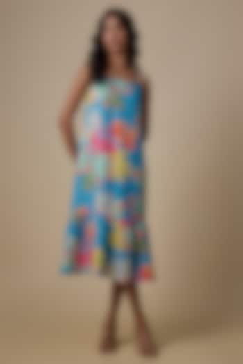 Turquoise Linen Printed Strappy Dress by Linen Bloom at Pernia's Pop Up Shop