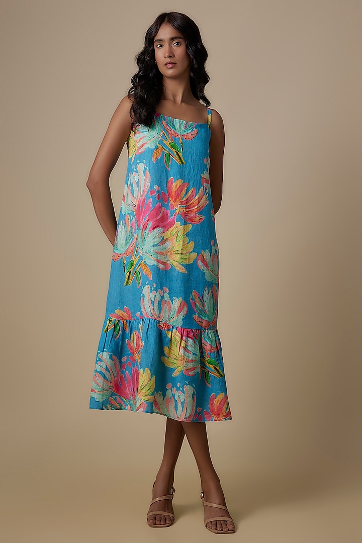 Turquoise Linen Printed Strappy Dress by Linen Bloom at Pernia's Pop Up Shop