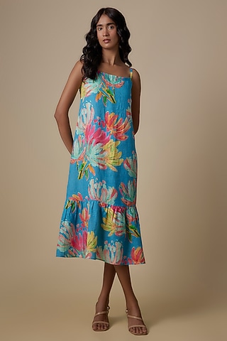 Turquoise Linen Printed Strappy Dress by Linen Bloom