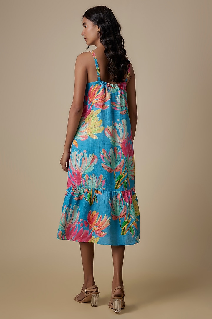 Turquoise Linen Printed Strappy Vacation Dress by Linen Bloom at Pernia's Pop Up Shop