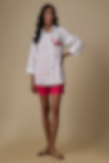 Flamingo White Linen Embroidered Shirt by Linen Bloom at Pernia's Pop Up Shop