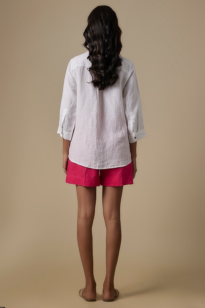 Flamingo White Linen Embroidered Shirt by Linen Bloom at Pernia's Pop Up Shop