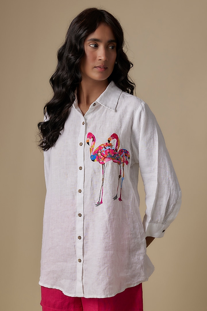 Flamingo White Linen Embroidered Shirt by Linen Bloom at Pernia's Pop Up Shop