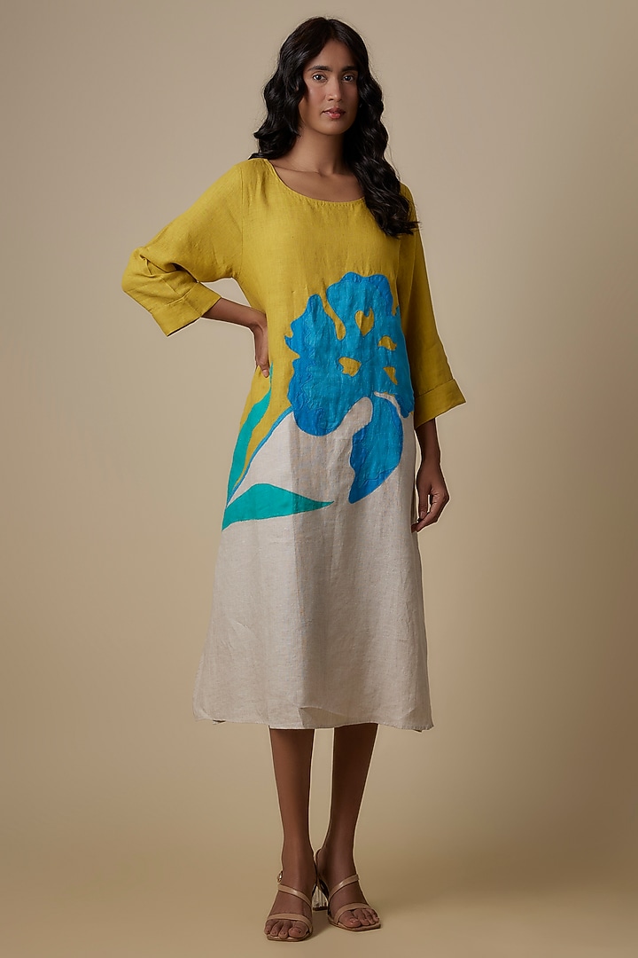 Beige & Lime Linen Embroidered Vacation Dress by Linen Bloom at Pernia's Pop Up Shop