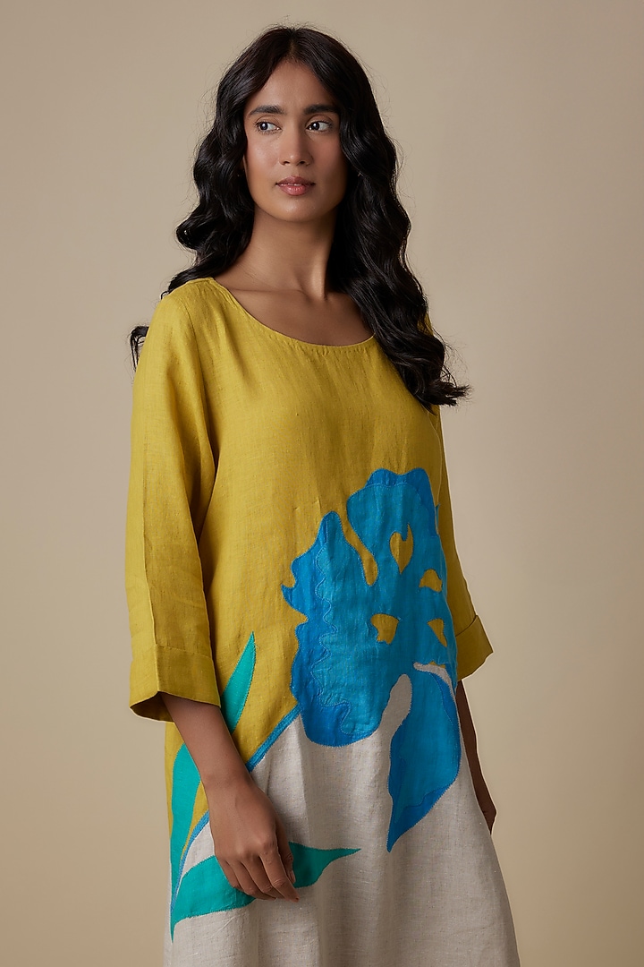 Beige & Lime Linen Embroidered Vacation Dress by Linen Bloom at Pernia's Pop Up Shop