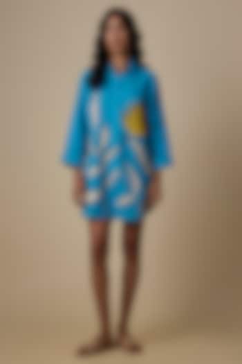 Turquoise Linen Applique Embroidered Shirt by Linen Bloom at Pernia's Pop Up Shop