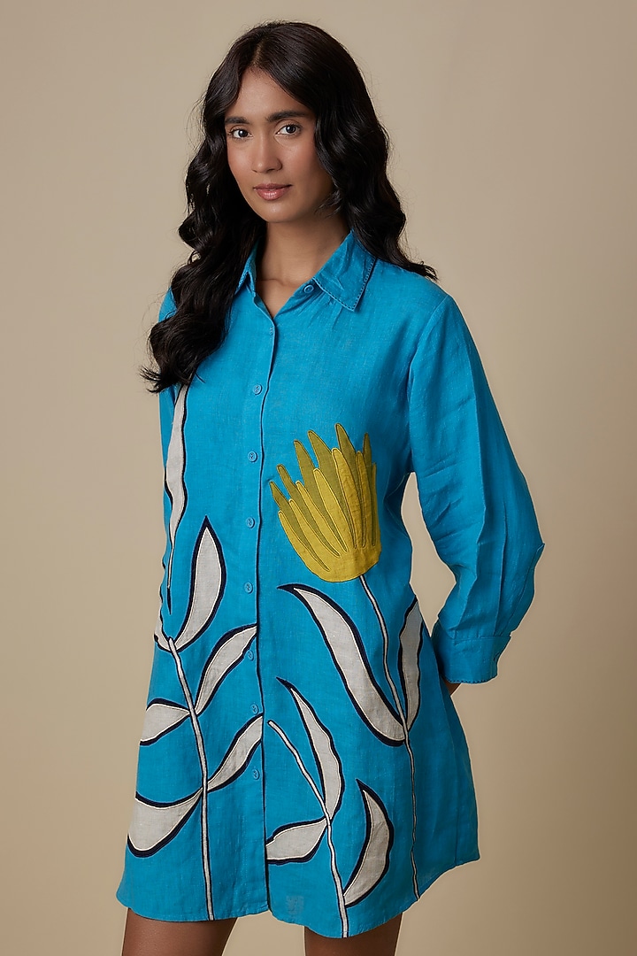 Turquoise Linen Applique Embroidered Shirt by Linen Bloom at Pernia's Pop Up Shop