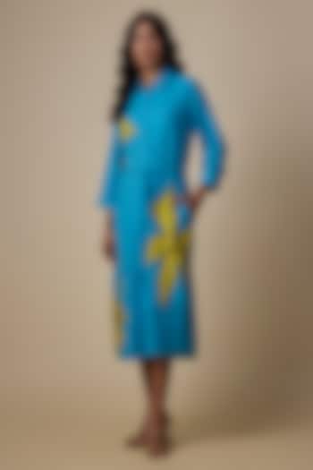 Turquoise Linen Applique Embroidered Dress by Linen Bloom at Pernia's Pop Up Shop