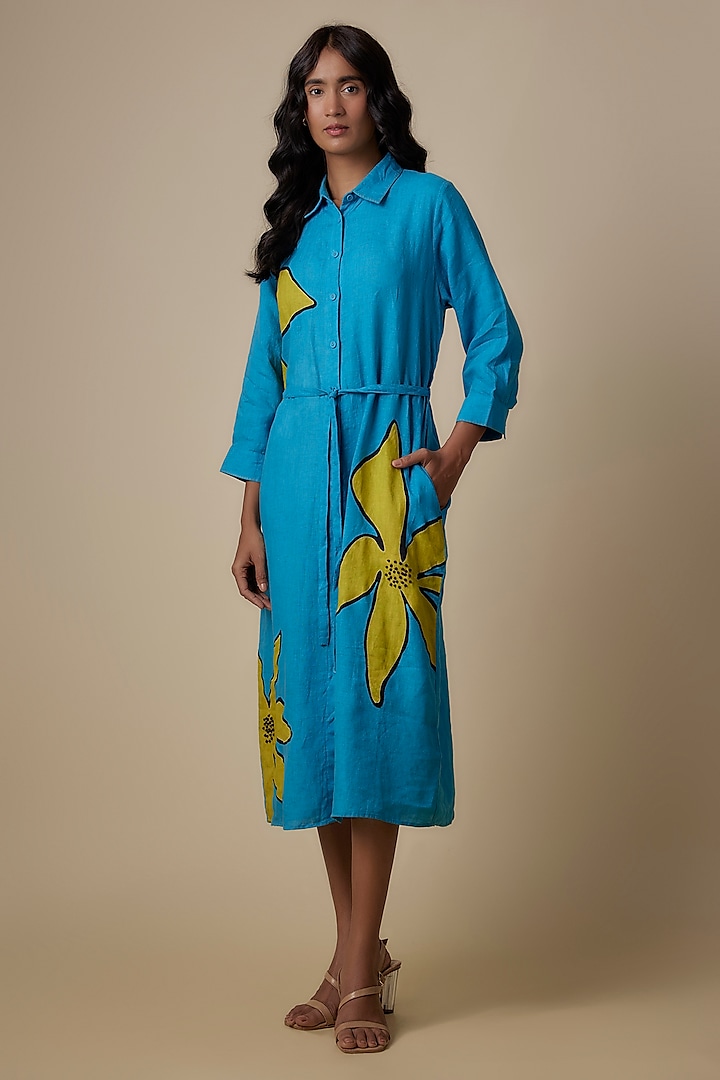 Turquoise Linen Applique Embroidered Dress by Linen Bloom at Pernia's Pop Up Shop