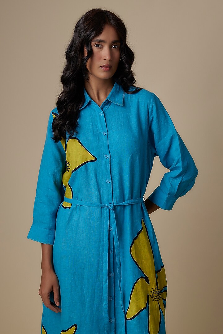 Turquoise Linen Applique Embroidered Vacation Dress by Linen Bloom at Pernia's Pop Up Shop