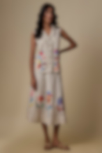 Beige Linen Applique Embroidered Skirt by Linen Bloom at Pernia's Pop Up Shop
