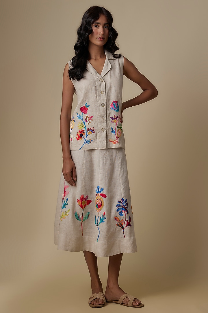 Beige Linen Applique Embroidered Skirt by Linen Bloom at Pernia's Pop Up Shop