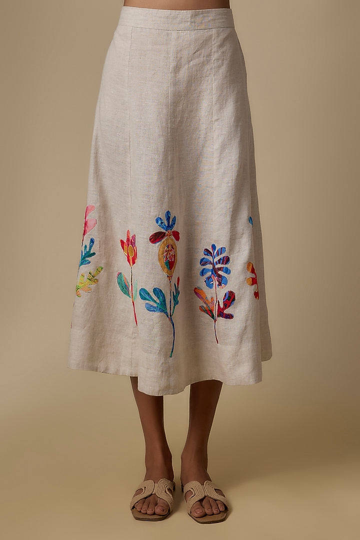 Beige Linen Applique Embroidered Skirt by Linen Bloom at Pernia's Pop Up Shop