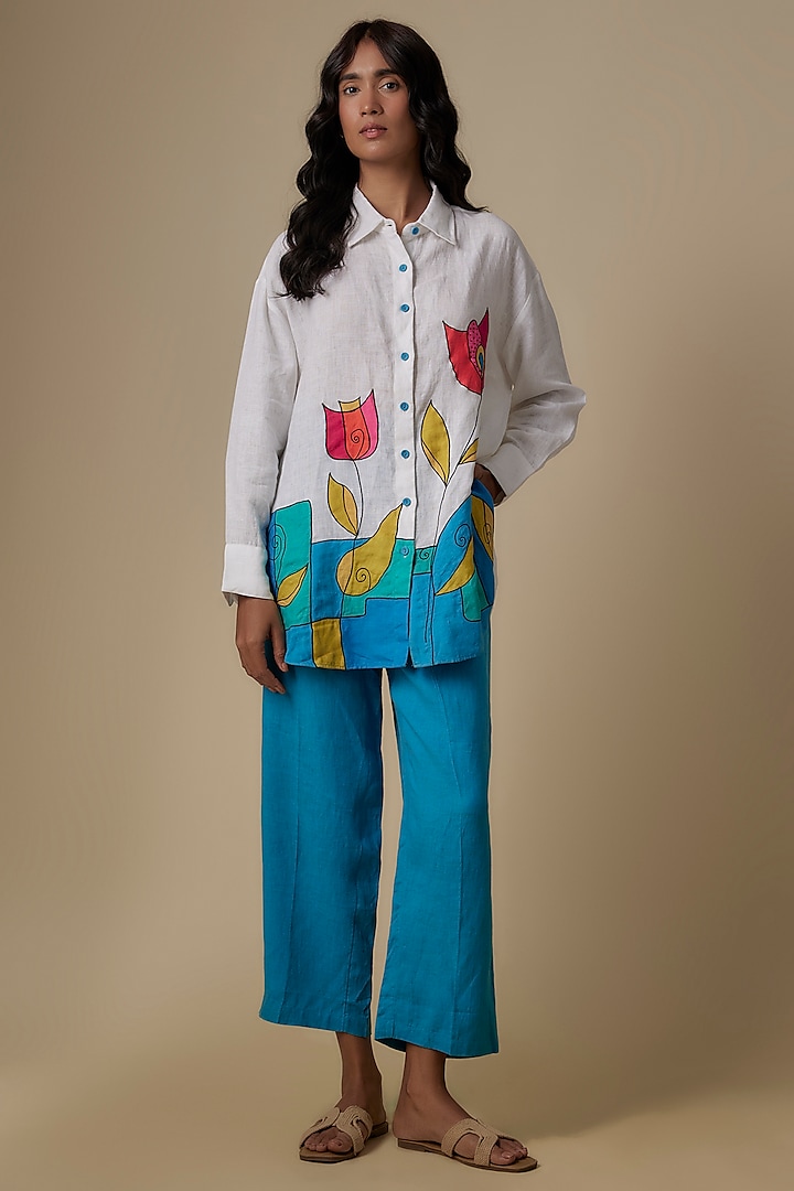 White & Turquoise Linen Floral Applique Embroidered Shirt by Linen Bloom at Pernia's Pop Up Shop