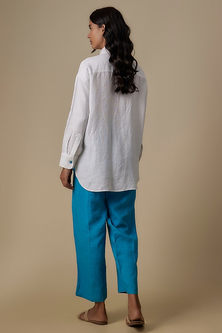 White & Turquoise Linen Floral Applique Embroidered Shirt by Linen Bloom at Pernia's Pop Up Shop