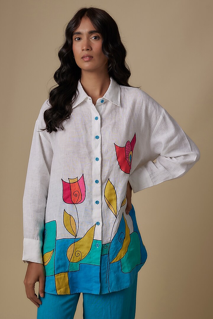 White & Turquoise Linen Floral Applique Embroidered Shirt by Linen Bloom at Pernia's Pop Up Shop