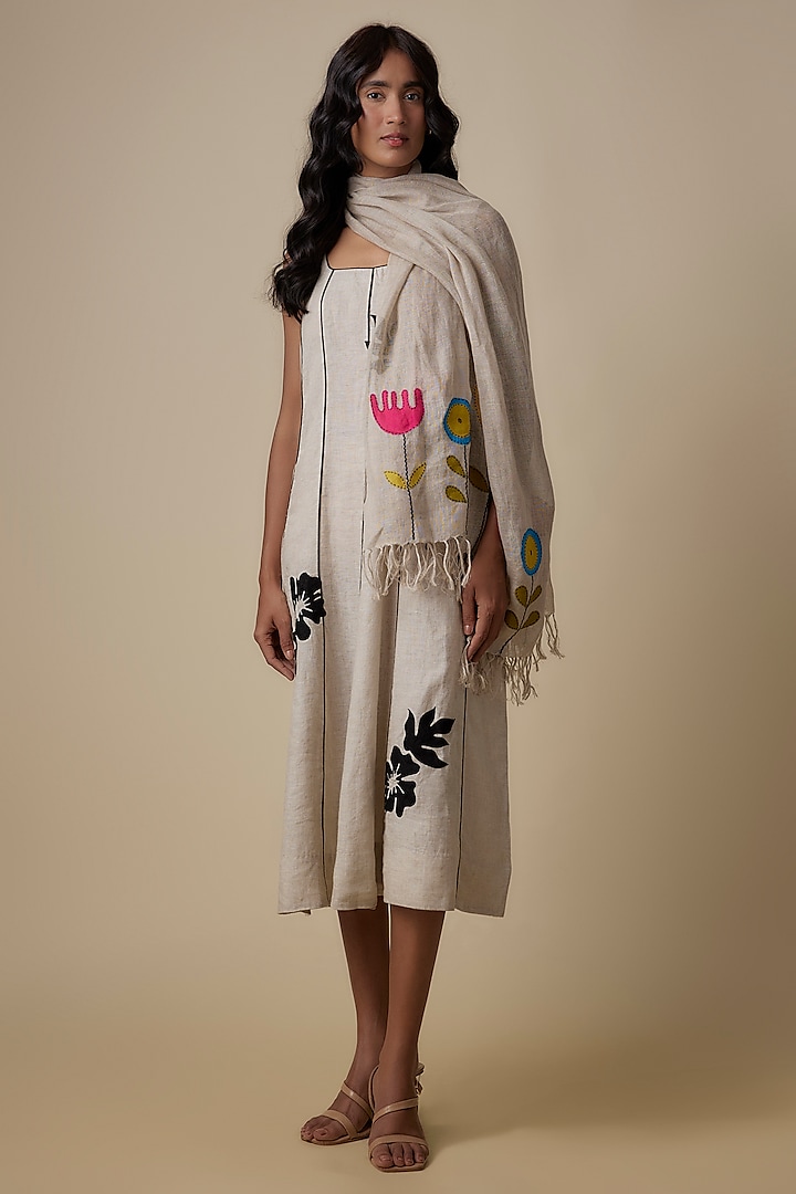 Beige Linen Embroidered Scarf by Linen Bloom at Pernia's Pop Up Shop