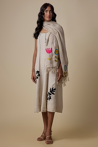 Beige Linen Embroidered Scarf by Linen Bloom
