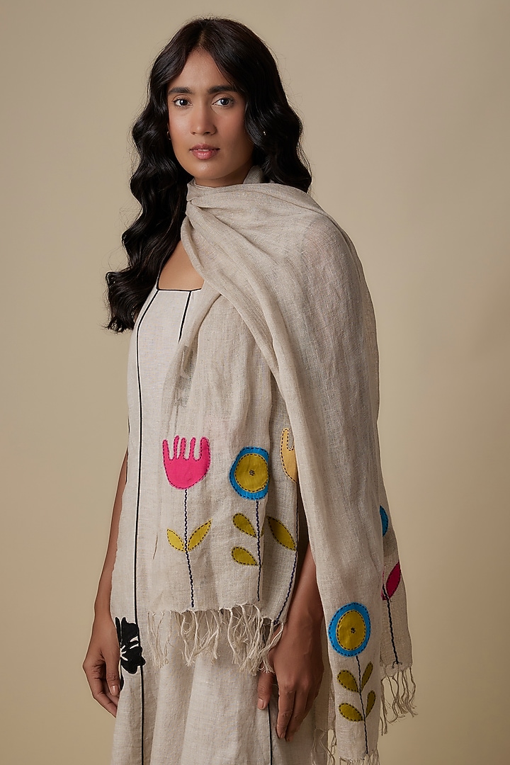 Beige Linen Embroidered Scarf by Linen Bloom at Pernia's Pop Up Shop