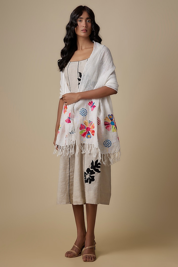 White Linen Embroidered Scarf by Linen Bloom at Pernia's Pop Up Shop