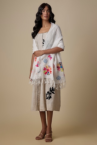 White Linen Embroidered Scarf by Linen Bloom
