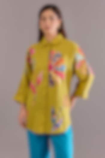 Lime Linen Patchwork Embroidered Shirt by Linen Bloom at Pernia's Pop Up Shop
