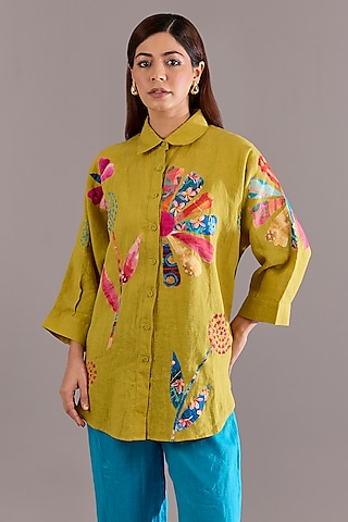 Lime Linen Patchwork Embroidered Shirt by Linen Bloom