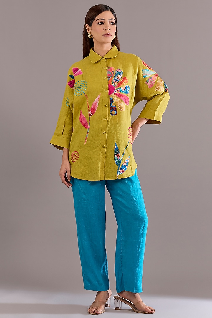 Lime Linen Patchwork Embroidered Shirt by Linen Bloom at Pernia's Pop Up Shop