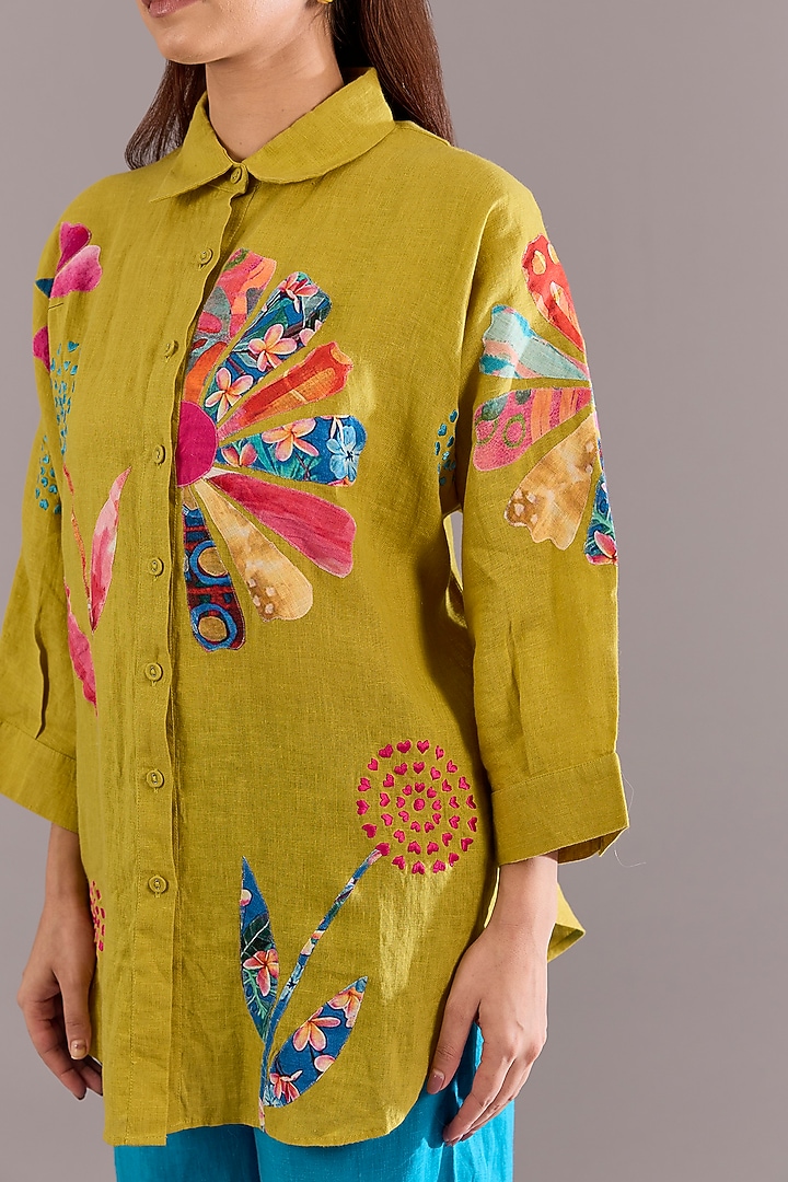Lime Linen Patchwork Embroidered Shirt by Linen Bloom at Pernia's Pop Up Shop