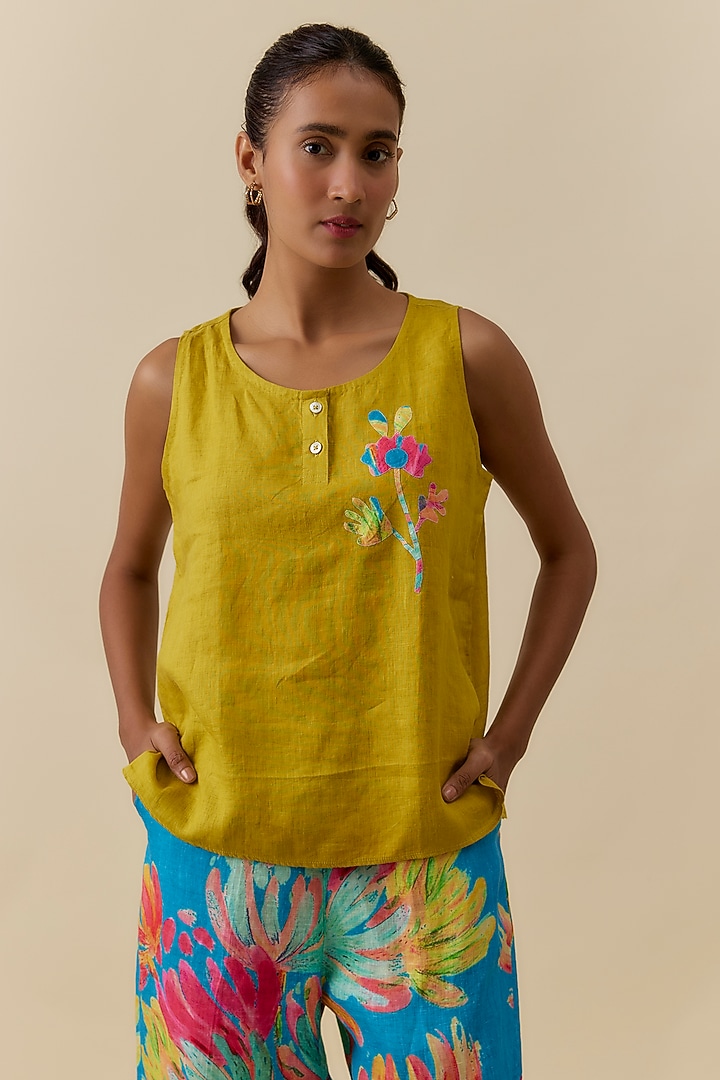 Lime Linen Floral Embroidered Top by Linen Bloom at Pernia's Pop Up Shop