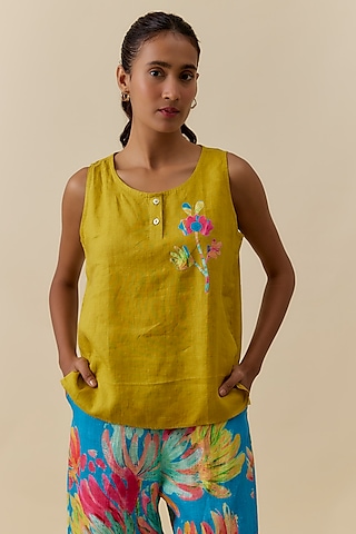 Lime Linen Floral Embroidered Top by Linen Bloom