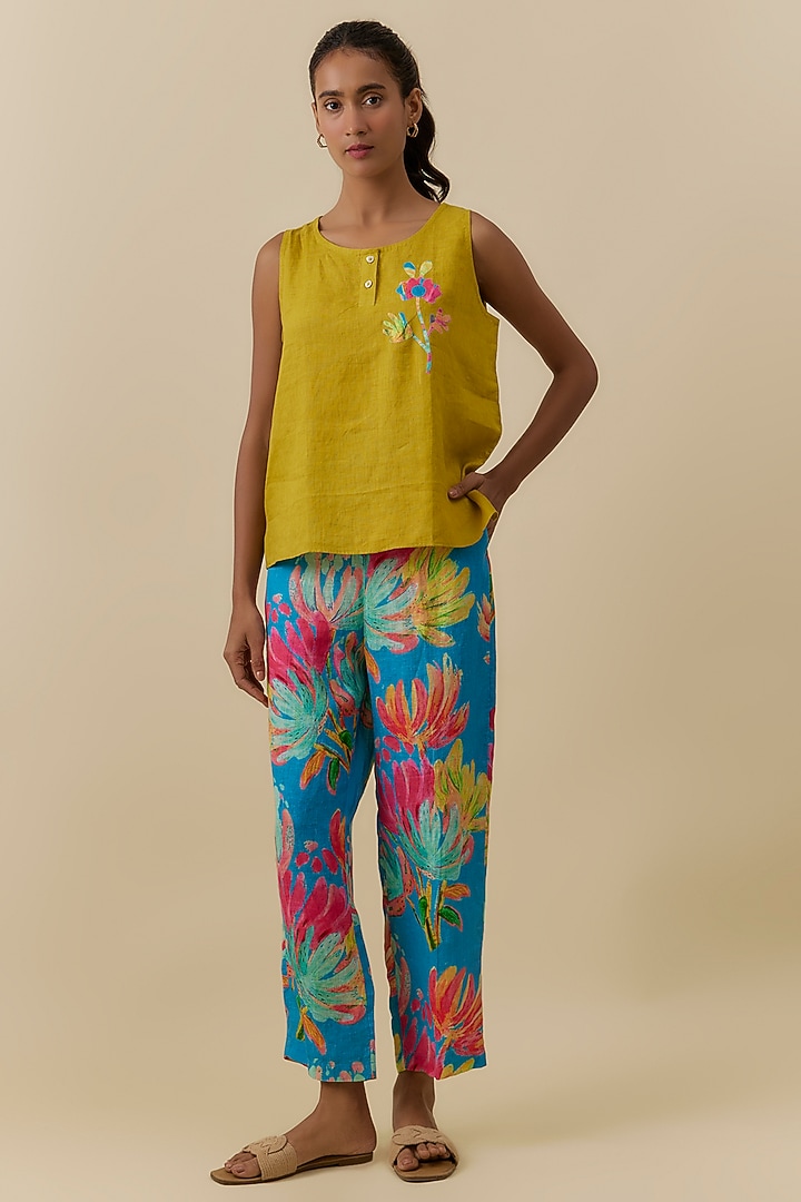 Lime Linen Floral Embroidered Top by Linen Bloom at Pernia's Pop Up Shop