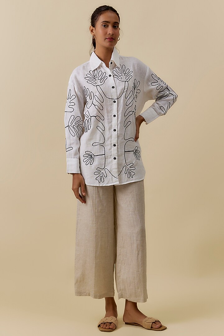 White Linen Dori Embroidered Shirt by Linen Bloom at Pernia's Pop Up Shop